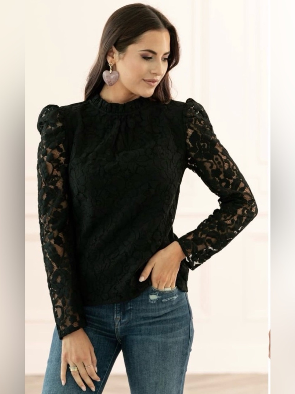 Rachel Parcell Black Lace High Ruffle Neck Blouse - Large